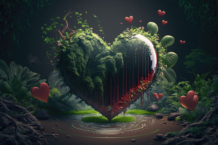 heart spilling over with love, surrounded by greenery, created with generative aiの素材