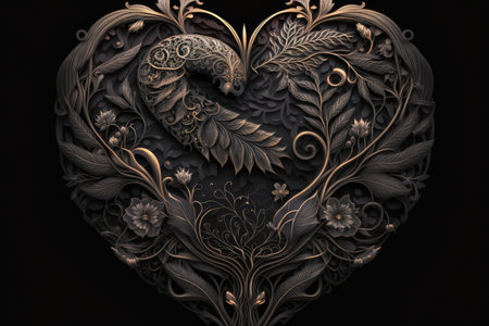 heart, surrounded by intricate and delicate patterns, on black background, created with generative aiの素材