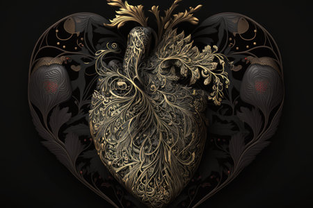 heart, surrounded by intricate and delicate patterns, on black background, created with generative aiの素材