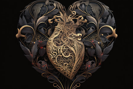 heart, surrounded by intricate and delicate patterns, on black background, created with generative aiの素材