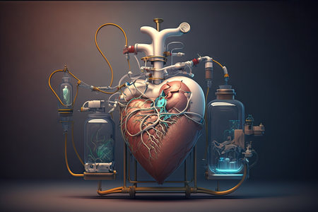 heart with iv and medical equipment, symbolizing life in the hospital, created with generative aiの素材