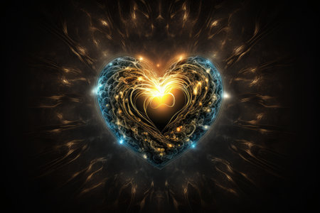 heart, surrounded by aura of light and love, against black background, created with generative aiの素材