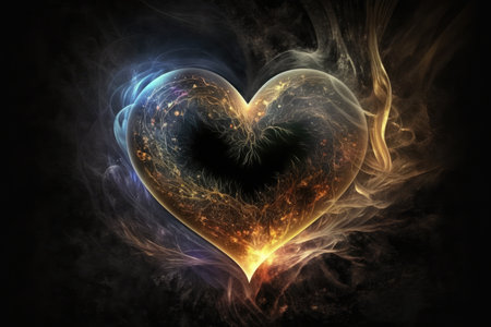 heart, surrounded by aura of light and love, against black background, created with generative aiの素材