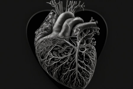 human heart, with intricate veins and arteries, visible in black-and-white art, created with generative aiの素材