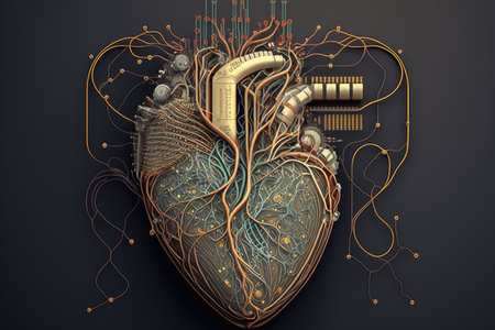 heart, with intricate circuitry and wires representing the hearts electrical impulses, created with generative aiの素材
