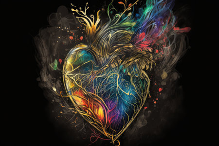 heart, decorated with watercolor and calligraphy, on black background, created with generative aiの素材