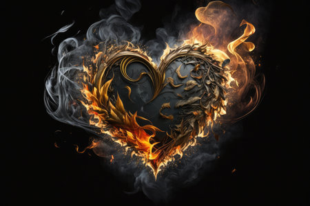 heart, surrounded by flames and smoke, on black background, created with generative aiの素材