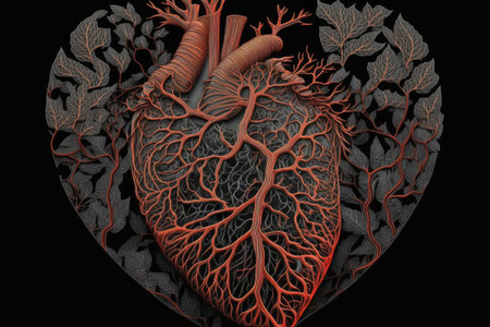 heart, with intricate pattern of veins and arteries visible, on black background, created with generative aiの素材