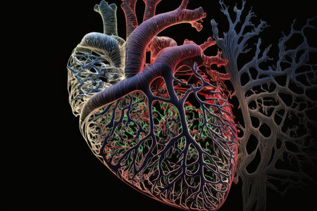 heart, with intricate pattern of veins and arteries visible, on black background, created with generative aiの素材