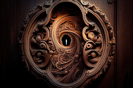 a keyhole in a wooden door, surrounded by intricate carvings, created with generative aiの素材