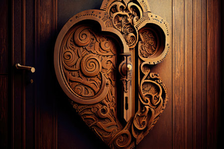 a keyhole in a wooden door, surrounded by intricate carvings, created with generative aiの素材