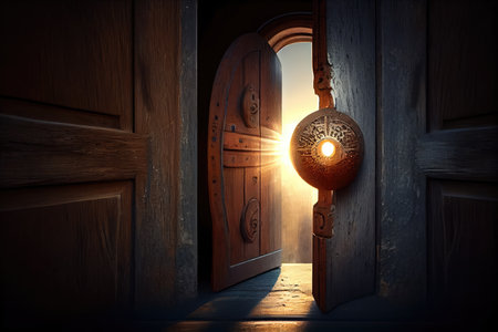 a keyhole in a wooden door, with the light shining through from behind, created with generative aiの素材