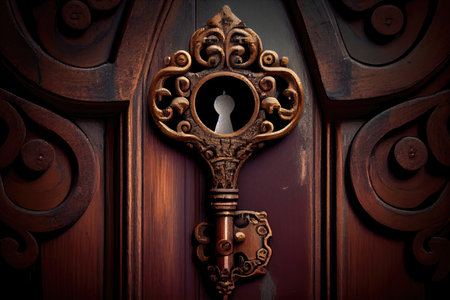 keyhole, with close-up of key, on a wooden door, created with generative aiの素材