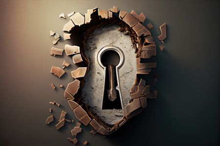 a keyhole, filled with broken or damaged keys that cannot unlock the door, created with generative aiの素材