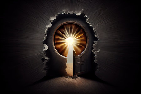 keyhole, with a light shining through, illuminating the dark room, created with generative aiの素材