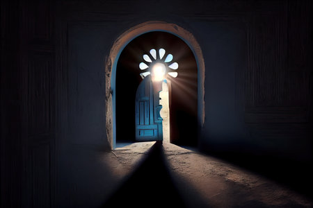 keyhole, with a light shining through, illuminating the dark room, created with generative aiの素材