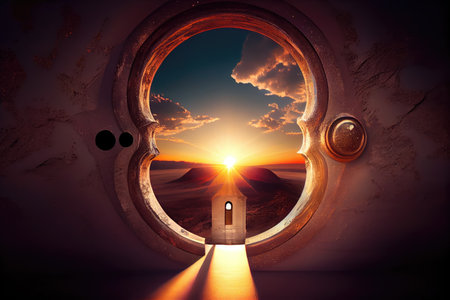 keyhole, with a view of the sun rising over the horizon, casting golden rays across the sky, created with generative aiの素材