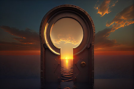keyhole, with a view of the sun rising over the horizon, casting golden rays across the sky, created with generative aiの素材