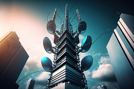 skyscraper with new 5g antennae, bringing high-speed connectivity to the city, created with generative aiの素材