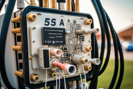 close-up of a 5g antenna, with cables running from it, created with generative aiの素材