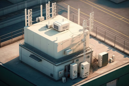 5g network being installed on the roof of a building, with cables and antennas visible, created with generative aiの素材