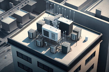 5g network being installed on the roof of a building, with cables and antennas visible, created with generative aiの素材