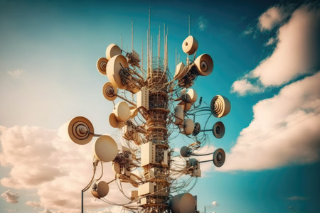 5g cell tower, with cables and antennas humming with activity, created with generative aiの素材