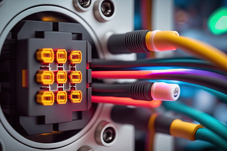 close-up of cables being connected to 5g transmitter for ultrafast and secure connection, created with generative aiの素材