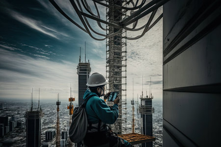 worker, installing 5g network tower on top of tall building, created with generative aiの素材