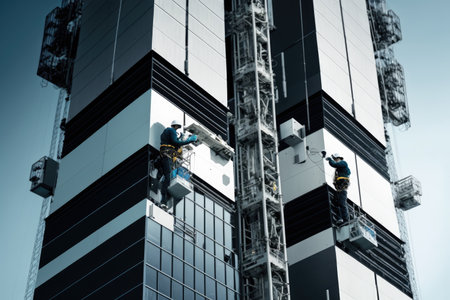 crew of technicians installing 5g antennas on tall building, created with generative aiの素材