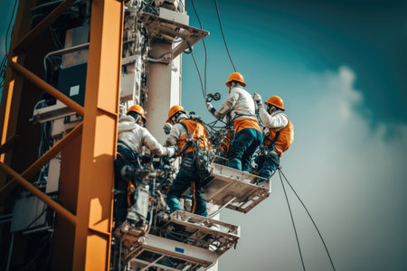 crew of technicians installing 5g antennas on tall building, created with generative aiの素材