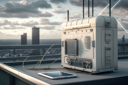 5g base station, connected to fiber optic cable and lightning rod, on rooftop of city office building, created with generative aiの素材