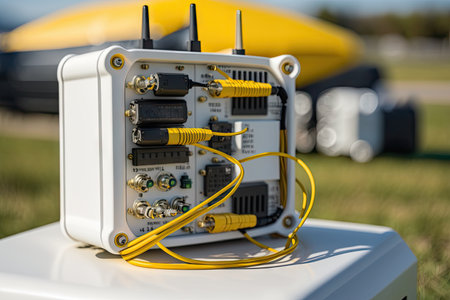 close-up of a 5g antenna, with cables and equipment in the background, created with generative aiの素材