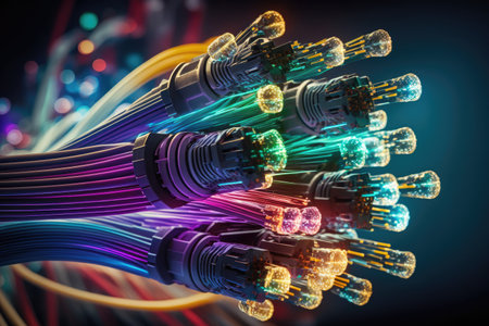close-up of fiber optic cables being connected and arranged within a 5g network, created with generative aiの素材