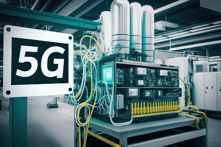 5g network installation and testing in high-tech factory, with robots and modern equipment visible, created with generative aiの素材