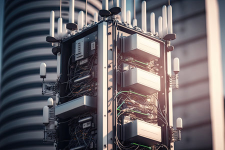 close-up of 5g network tower, with cables and antennas in view, created with generative aiの素材