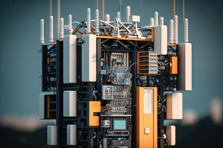 close-up of 5g network tower, with cables and antennas in view, created with generative aiの素材