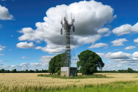 5g tower, surrounded by fields of green and blue, with clear blue skies in the background, created with generative aiの素材