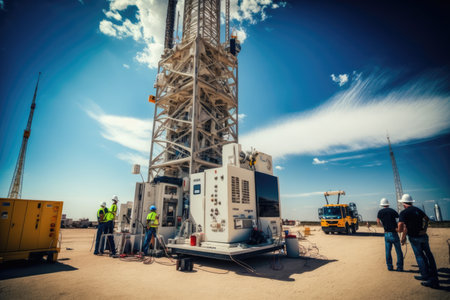 5g tower, surrounded by construction workers and equipment, with clear blue sky in the background, created with generative aiの素材