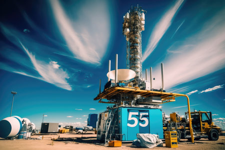 5g tower, surrounded by construction workers and equipment, with clear blue sky in the background, created with generative aiの素材