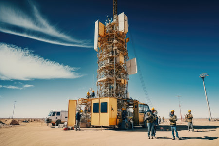 5g tower, surrounded by construction workers and equipment, with clear blue sky in the background, created with generative aiの素材