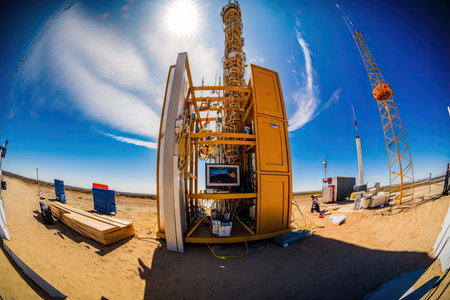 5g tower, surrounded by construction workers and equipment, with clear blue sky in the background, created with generative aiの素材