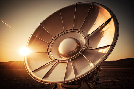close-up of a satellite dish antenna, with sunlight shining down on it, created with generative aiの素材