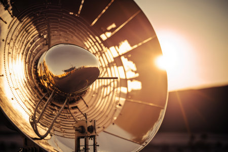 close-up of a satellite dish antenna, with sunlight shining down on it, created with generative aiの素材