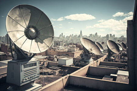 satellite dishes lined up on rooftops, with the view of the city skyline in the background, created with generative aiの素材