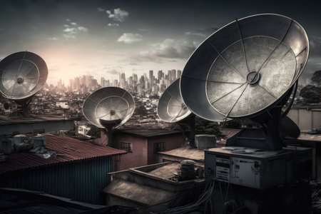 satellite dishes lined up on rooftops, with the view of the city skyline in the background, created with generative aiの素材