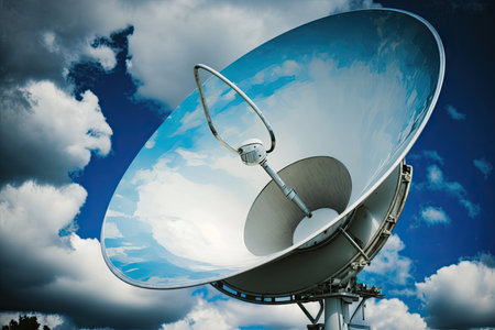 close-up of satellite dish, with the blue sky and clouds in the background, created with generative aiの素材