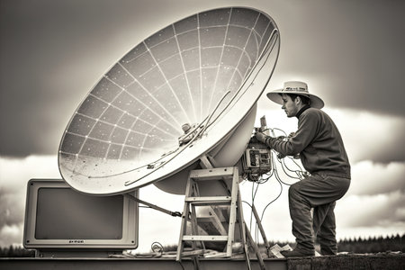 amateur installer with ladder and tools, installing satellite dish on a rooftop, created with generative aiの素材