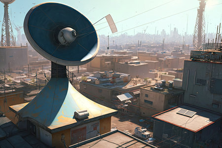 rooftop view of busy city with satellite dishes and antennas visible, created with generative aiの素材