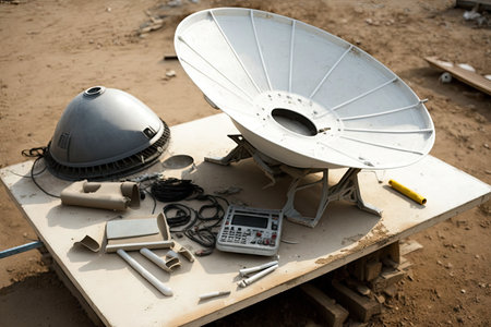 the process of mounting a satellite dish on the roof, with close-up details and tools, created with generative aiの素材